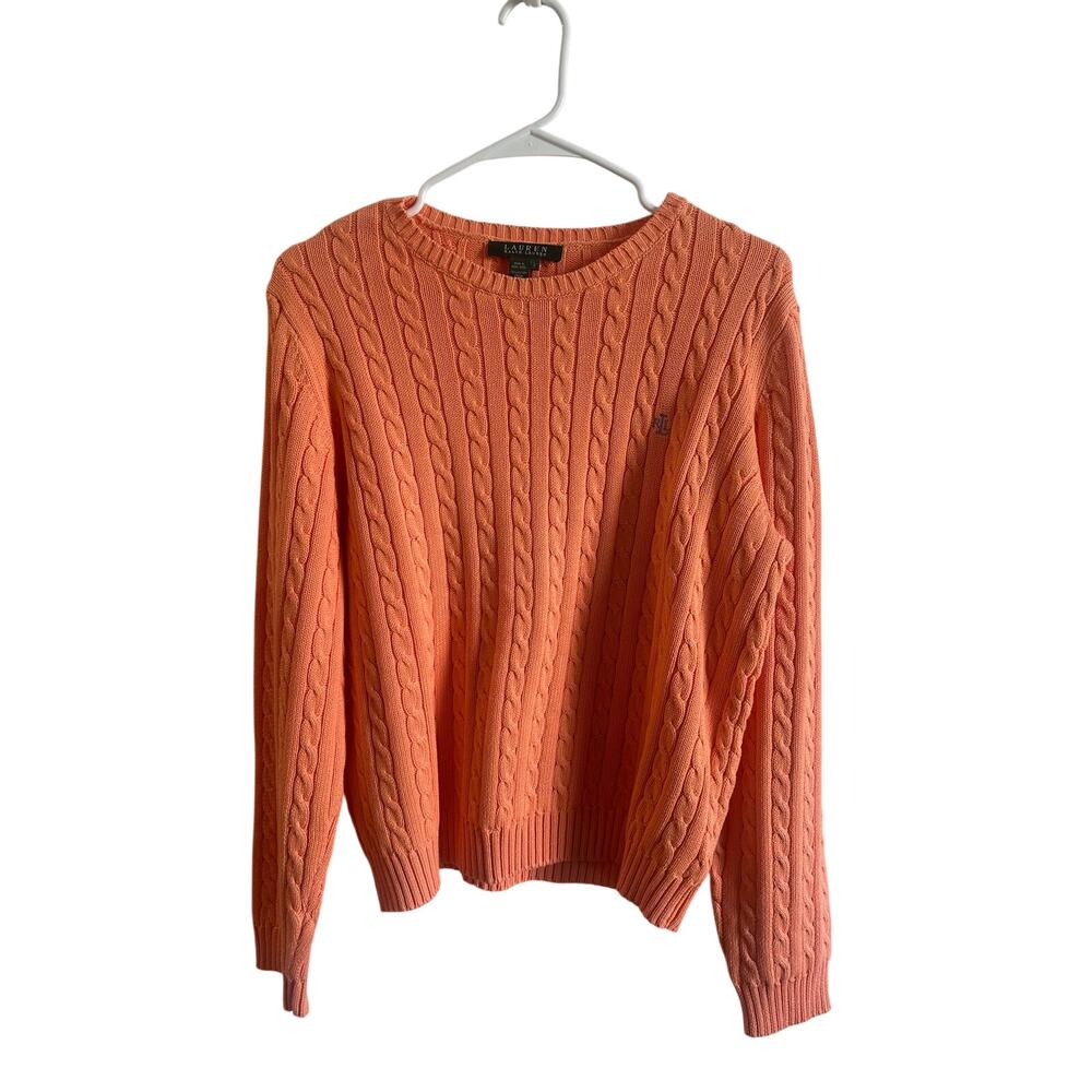 Lauren Ralph Lauren 100% Cotton Orange Cable Knit Sweater Crewneck Fitted Sz L